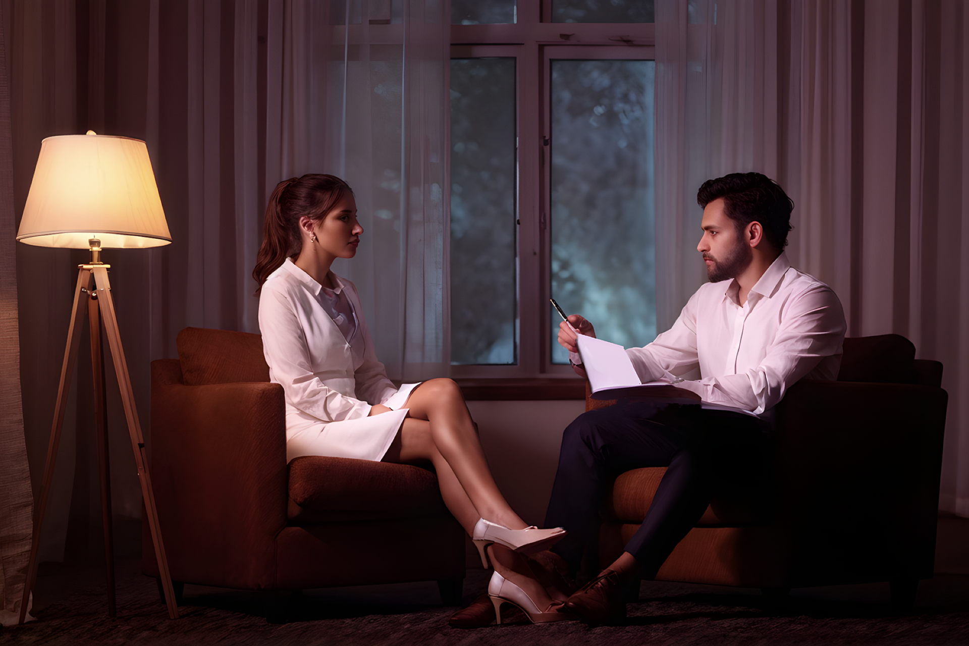 naine ja mees istuvad üksteise vastas tugitoolidel ja lamp valgustab tuba